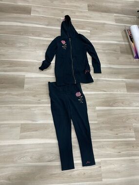 Joie black Zip Hoodie & Jogger Set with Pink Rose Embroidery